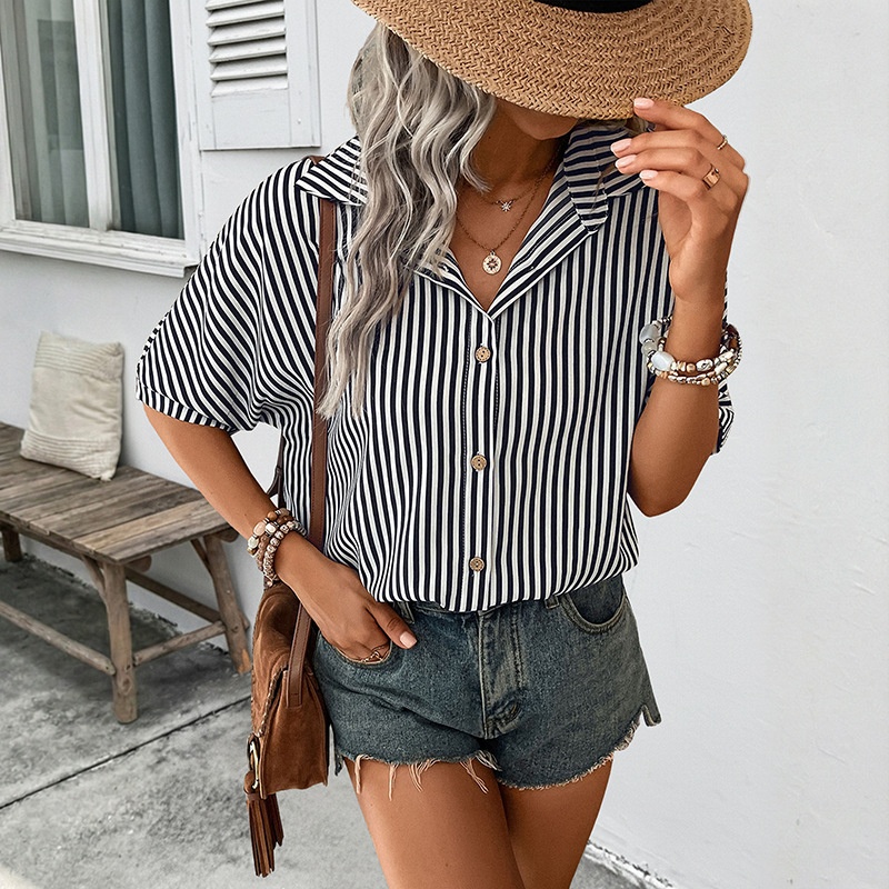 Women's Striped Button-Up Short Sleeve Shirt
