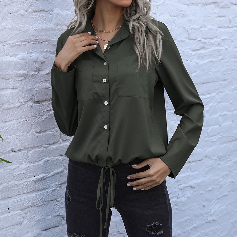 Women's Drawstring Hem Button-Up Shirt with Pockets
