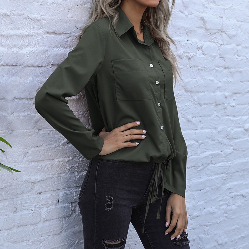 Women's Drawstring Hem Button-Up Shirt with Pockets
