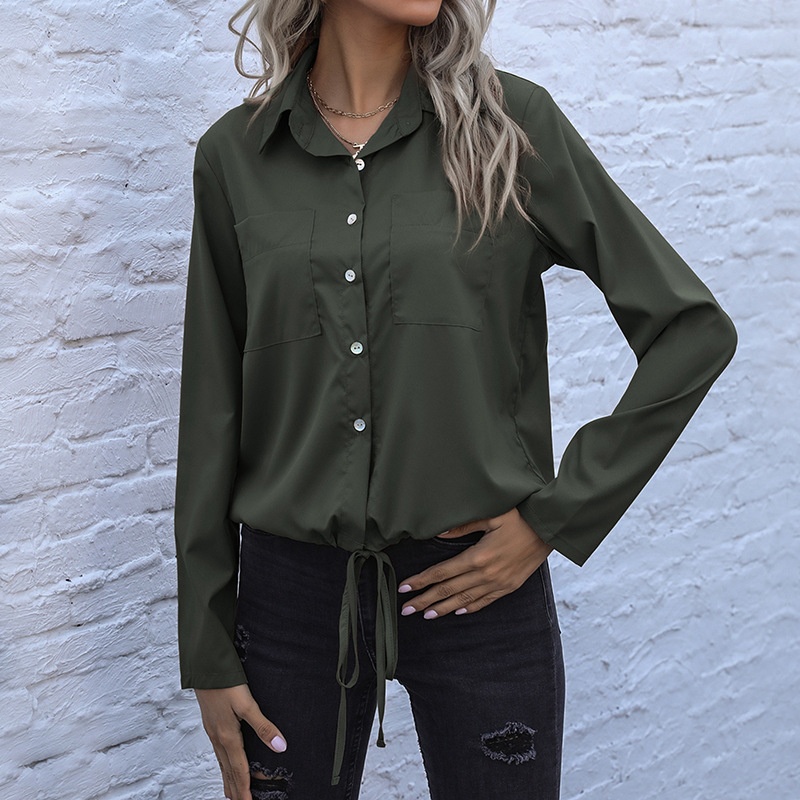 Women's Drawstring Hem Button-Up Shirt with Pockets