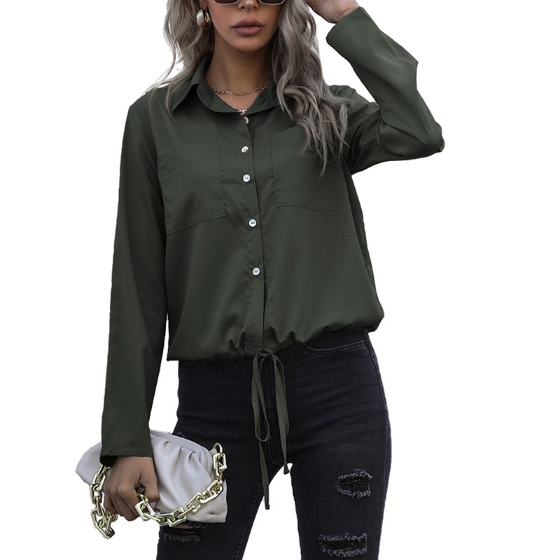 Women's Drawstring Hem Button-Up Shirt with Pockets