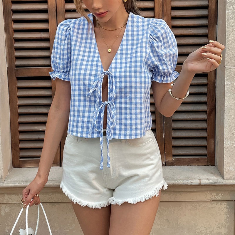 Blue Gingham Tie Front Crop Top - Puff Sleeve Blouse