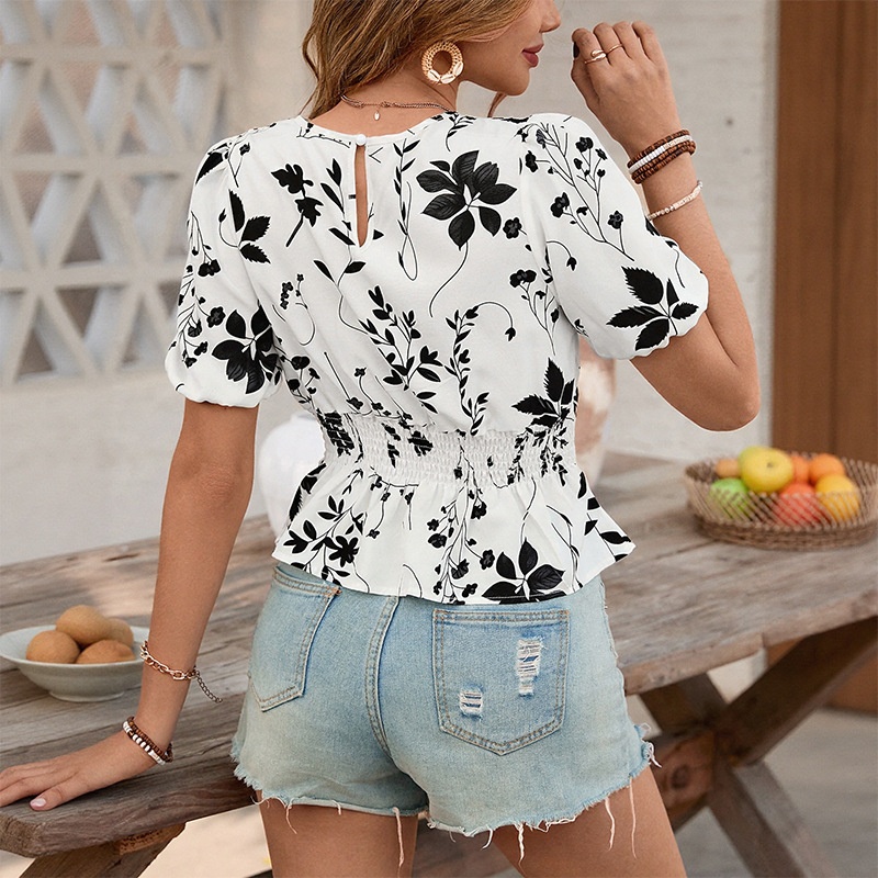Chic Floral Print Peplum Blouse with Puff Sleeves