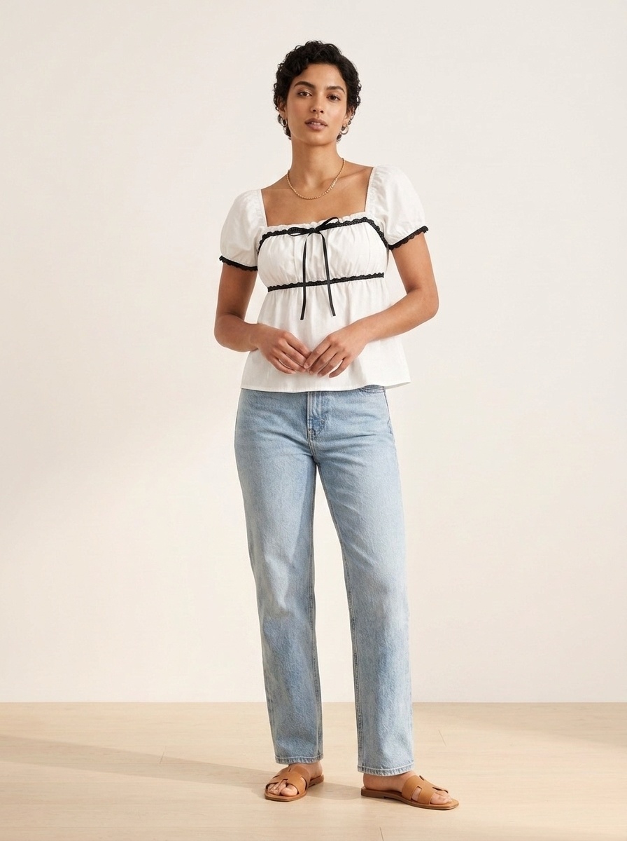 White Square Neck Puff Sleeve Lace Trim Bow Top