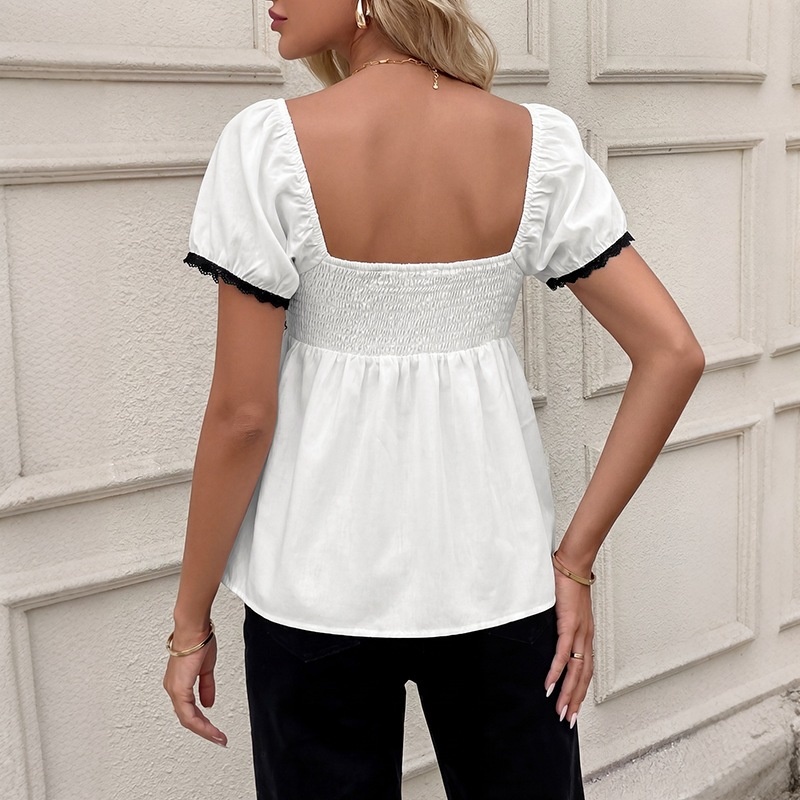 White Square Neck Puff Sleeve Lace Trim Bow Top