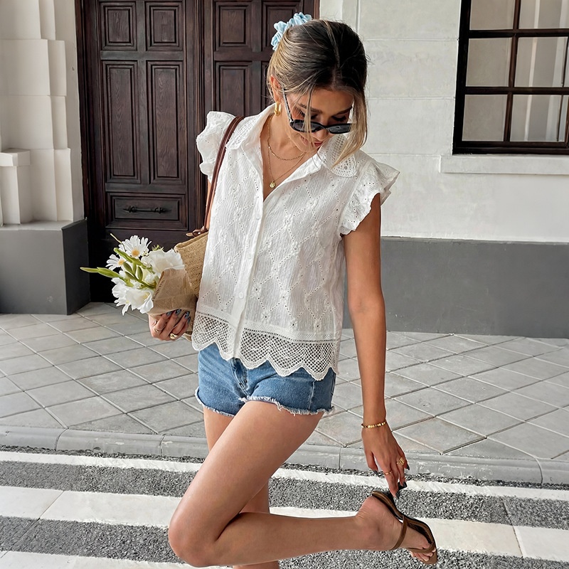 White Eyelet Embroidered Ruffle Sleeve Blouse