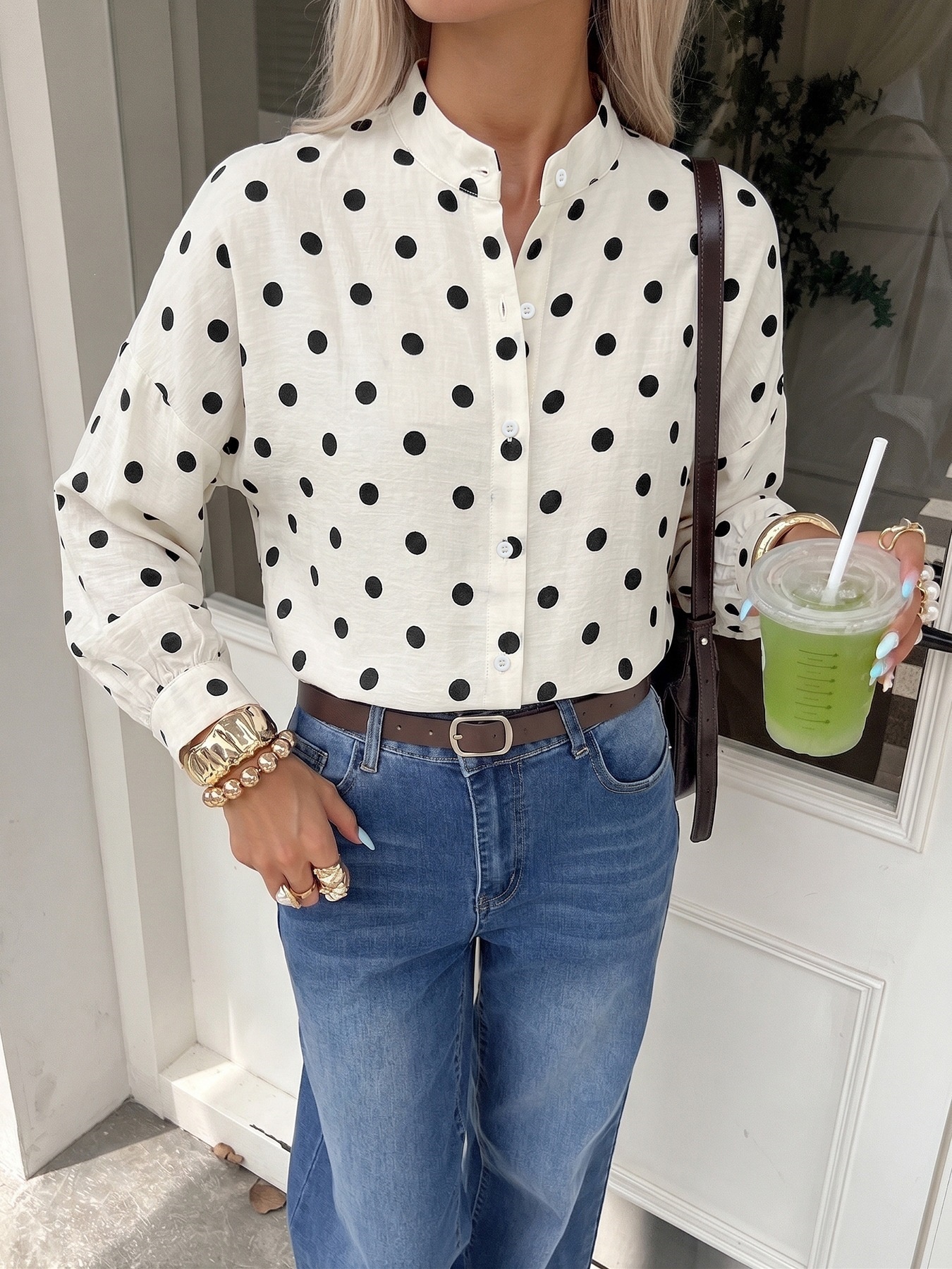 Women's Polka Dot Long Sleeve Button-Up Shirt
