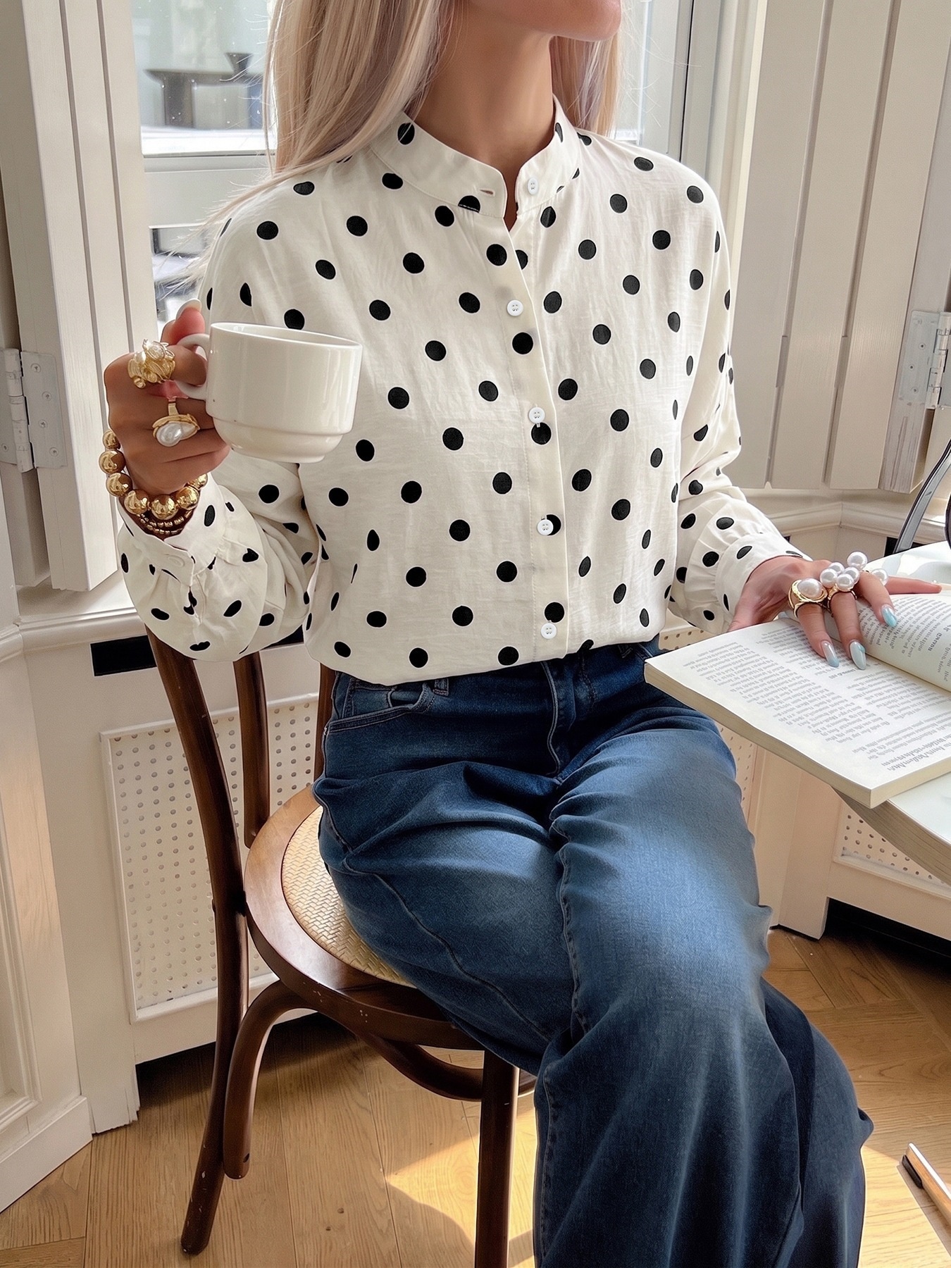 Women's Polka Dot Long Sleeve Button-Up Shirt