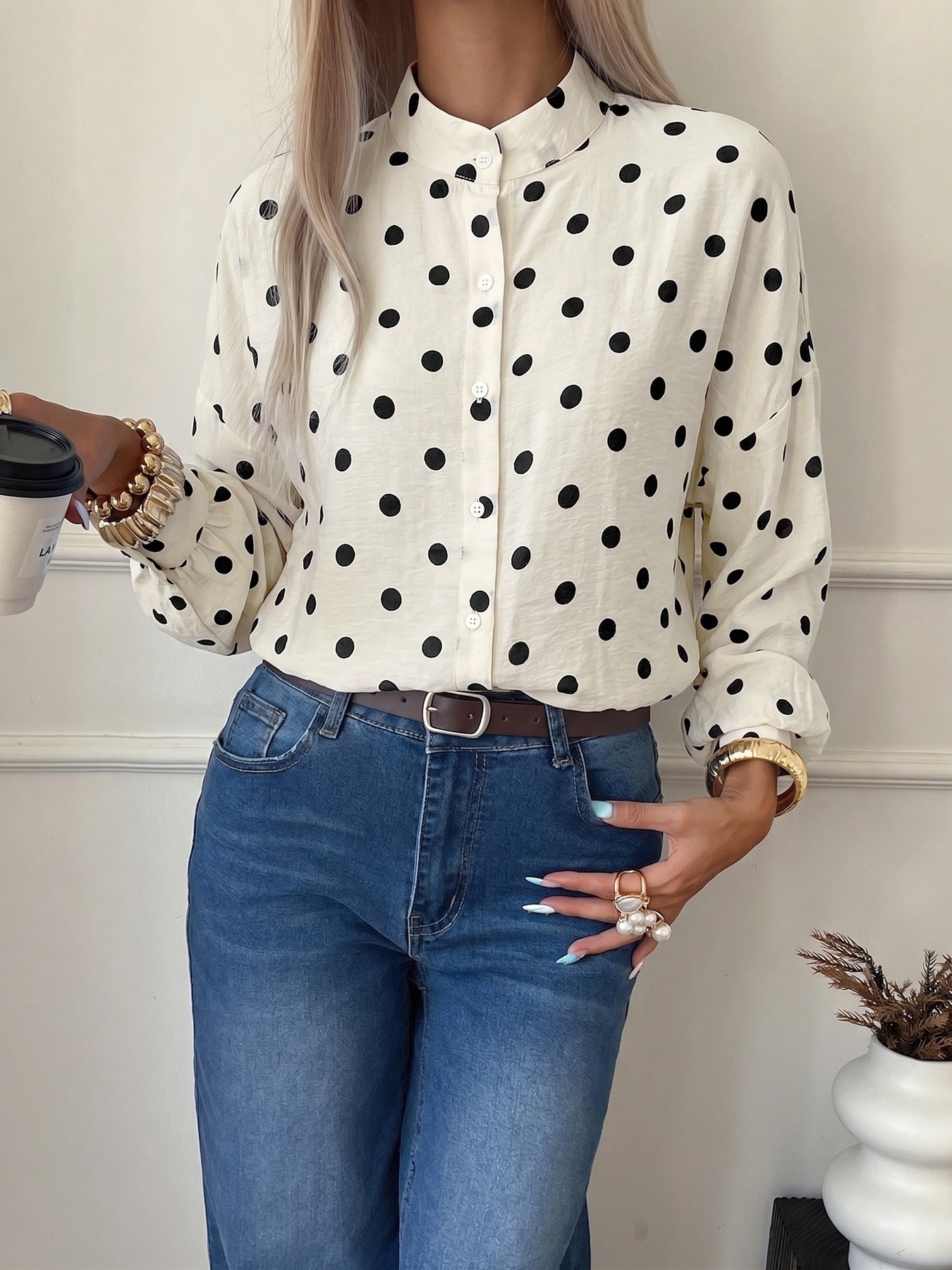Women's Polka Dot Long Sleeve Button-Up Shirt