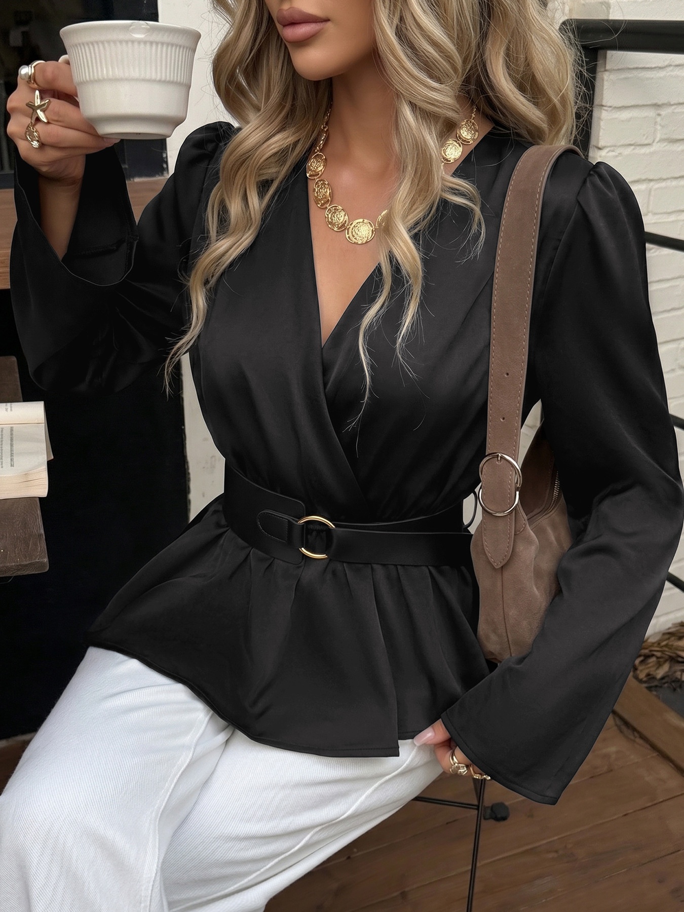 Women's V-Neck Belted Peplum Blouse