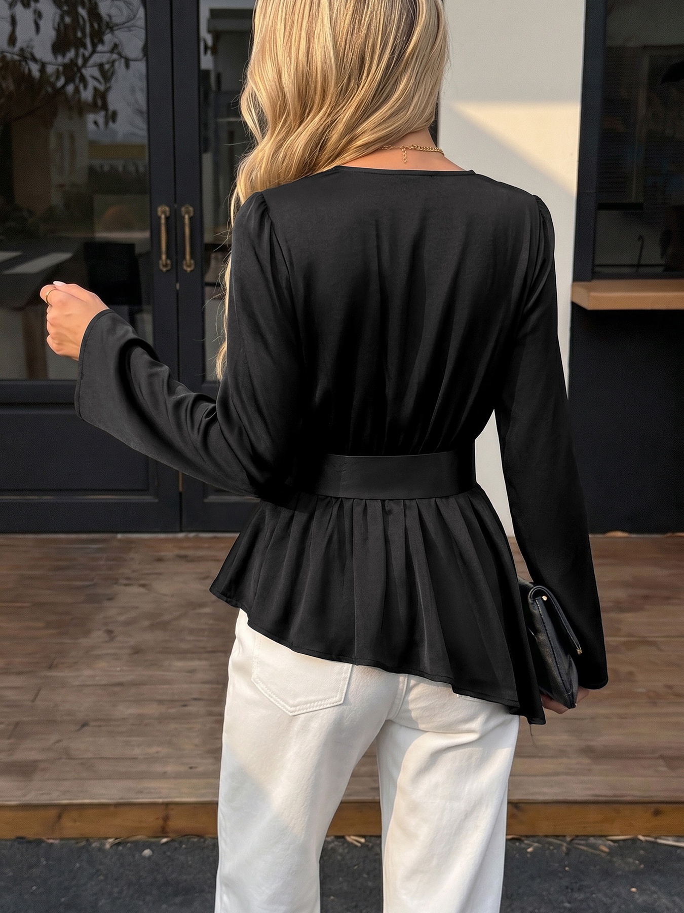 Women's V-Neck Belted Peplum Blouse