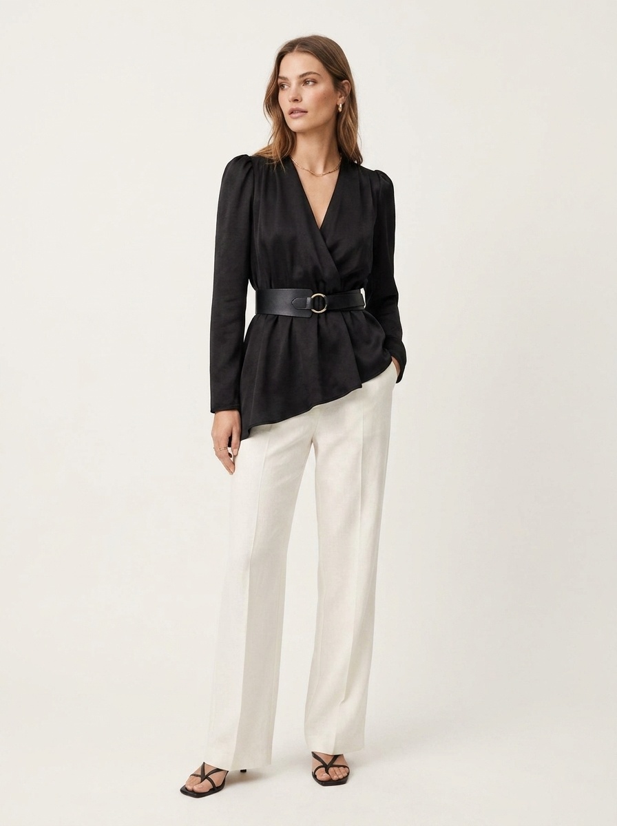 Women's V-Neck Belted Peplum Blouse