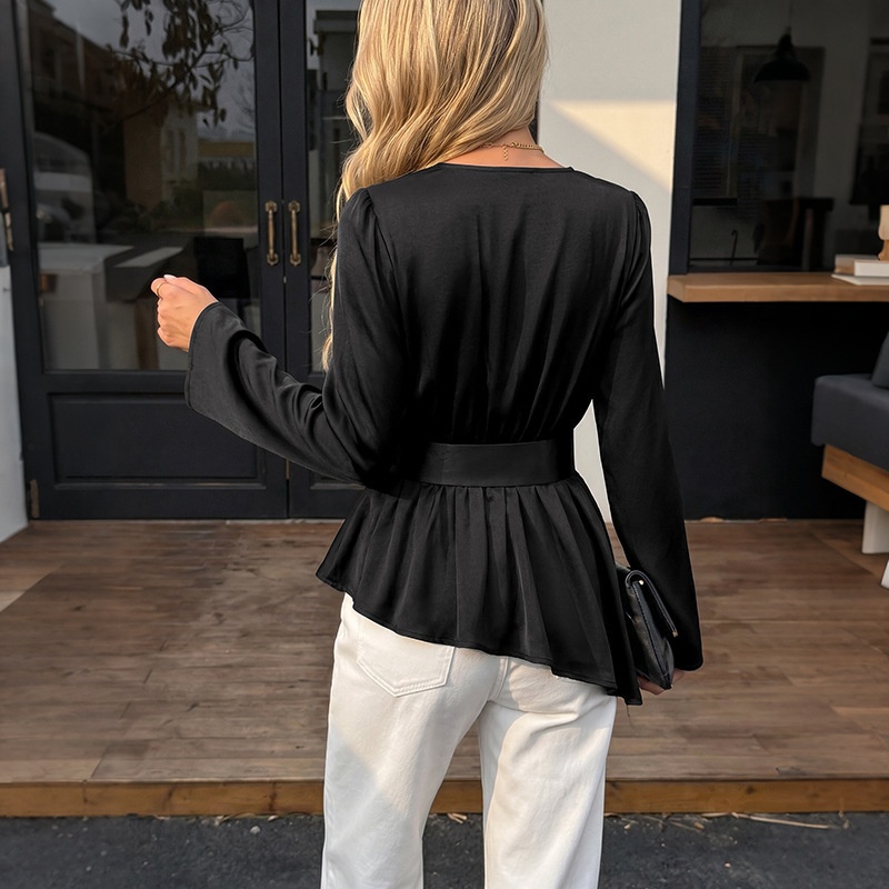 Women's V-Neck Belted Peplum Blouse