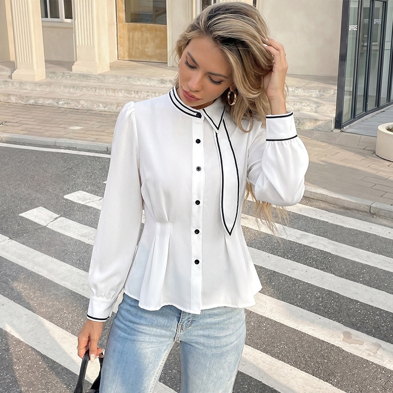 Contrast Trim Long Sleeve Pleated Blouse