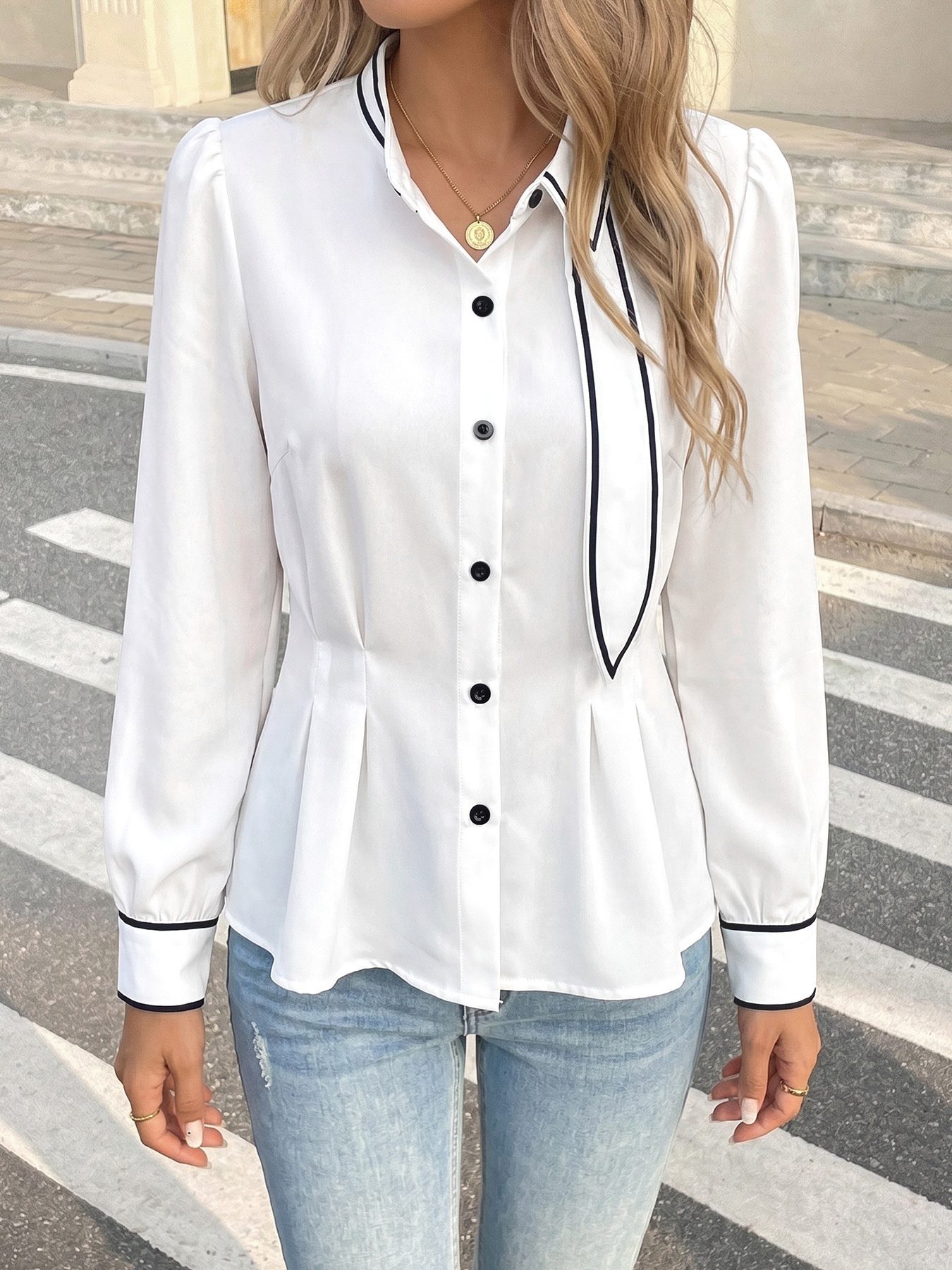 Contrast Trim Long Sleeve Pleated Blouse