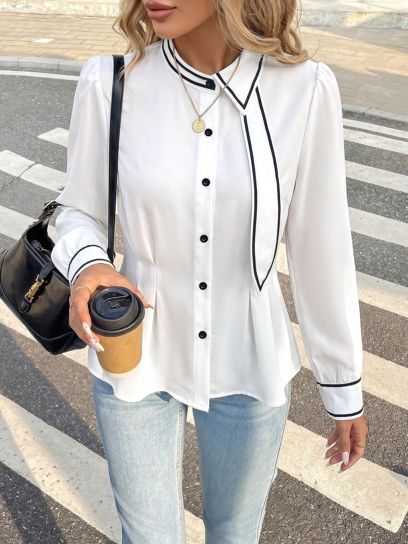 Contrast Trim Long Sleeve Pleated Blouse