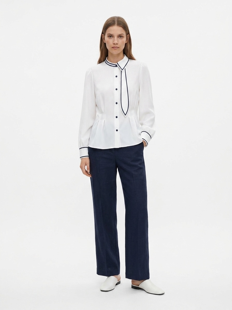 Contrast Trim Long Sleeve Pleated Blouse