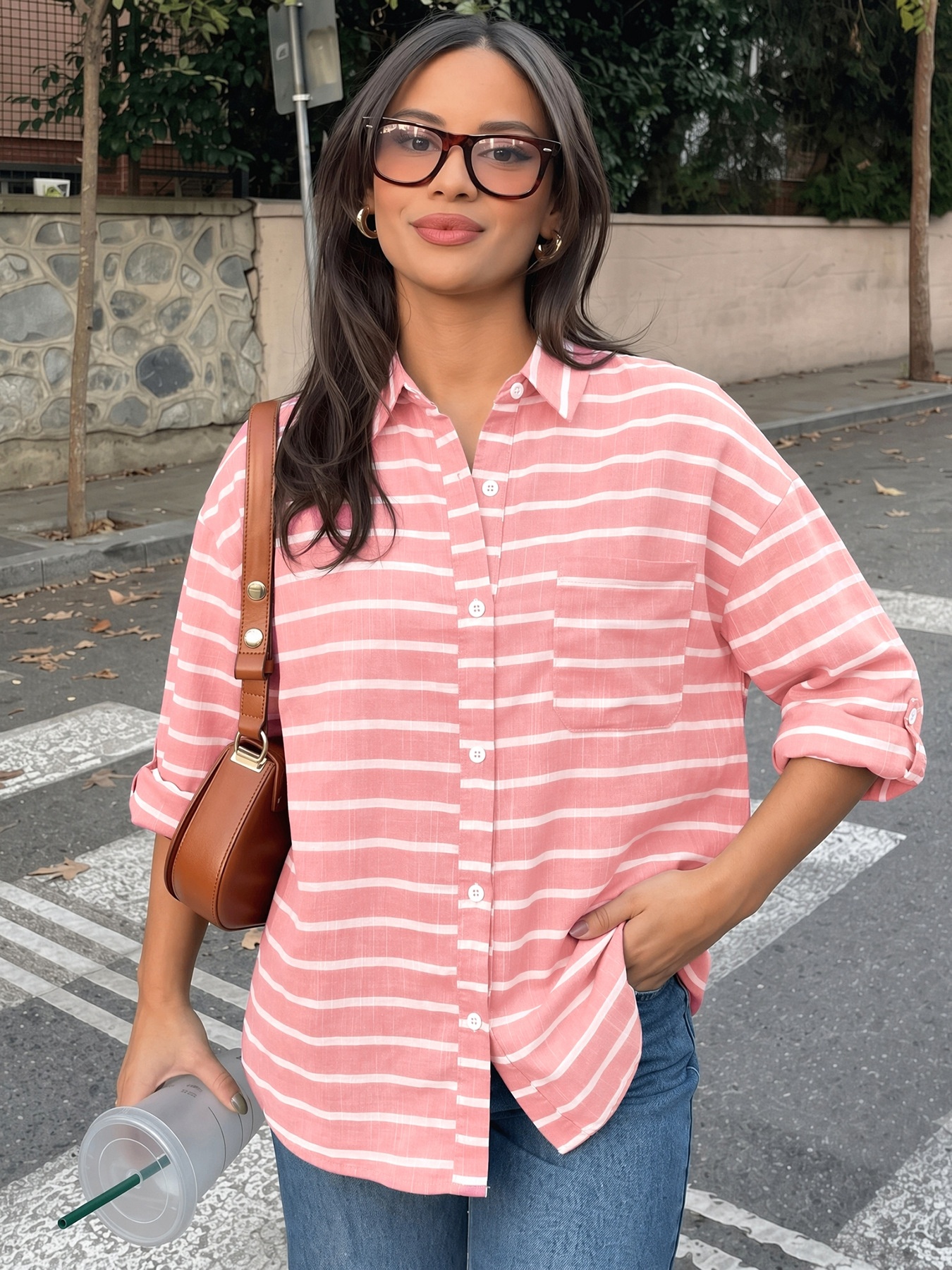Women's Striped Button-Down Long Sleeve Shirt