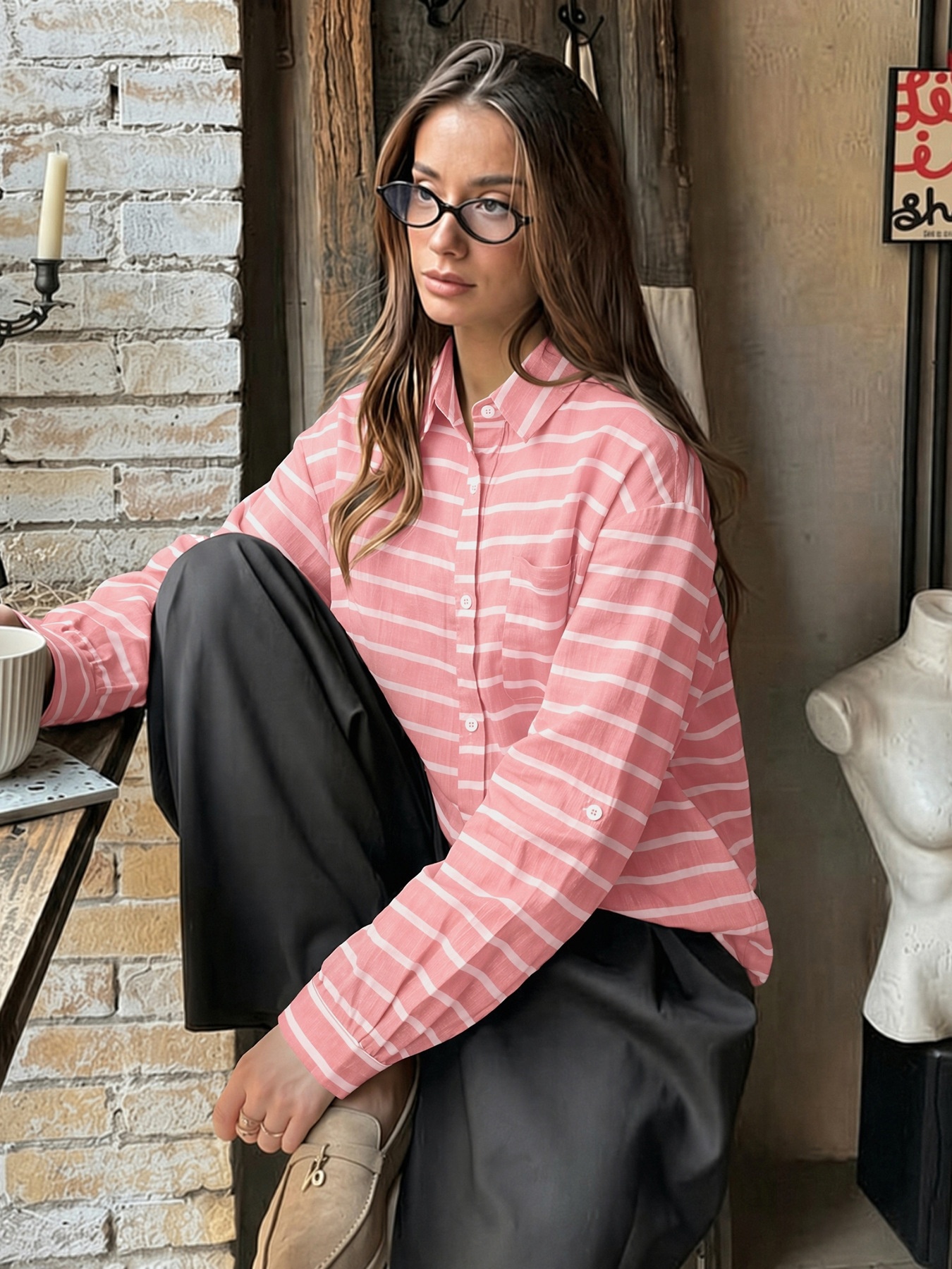 Women's Striped Button-Down Long Sleeve Shirt