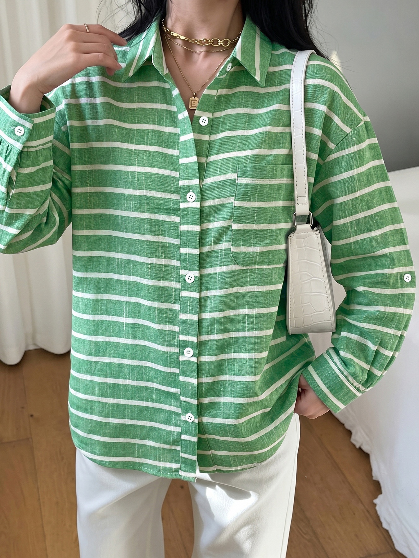 Women's Striped Button-Down Long Sleeve Shirt