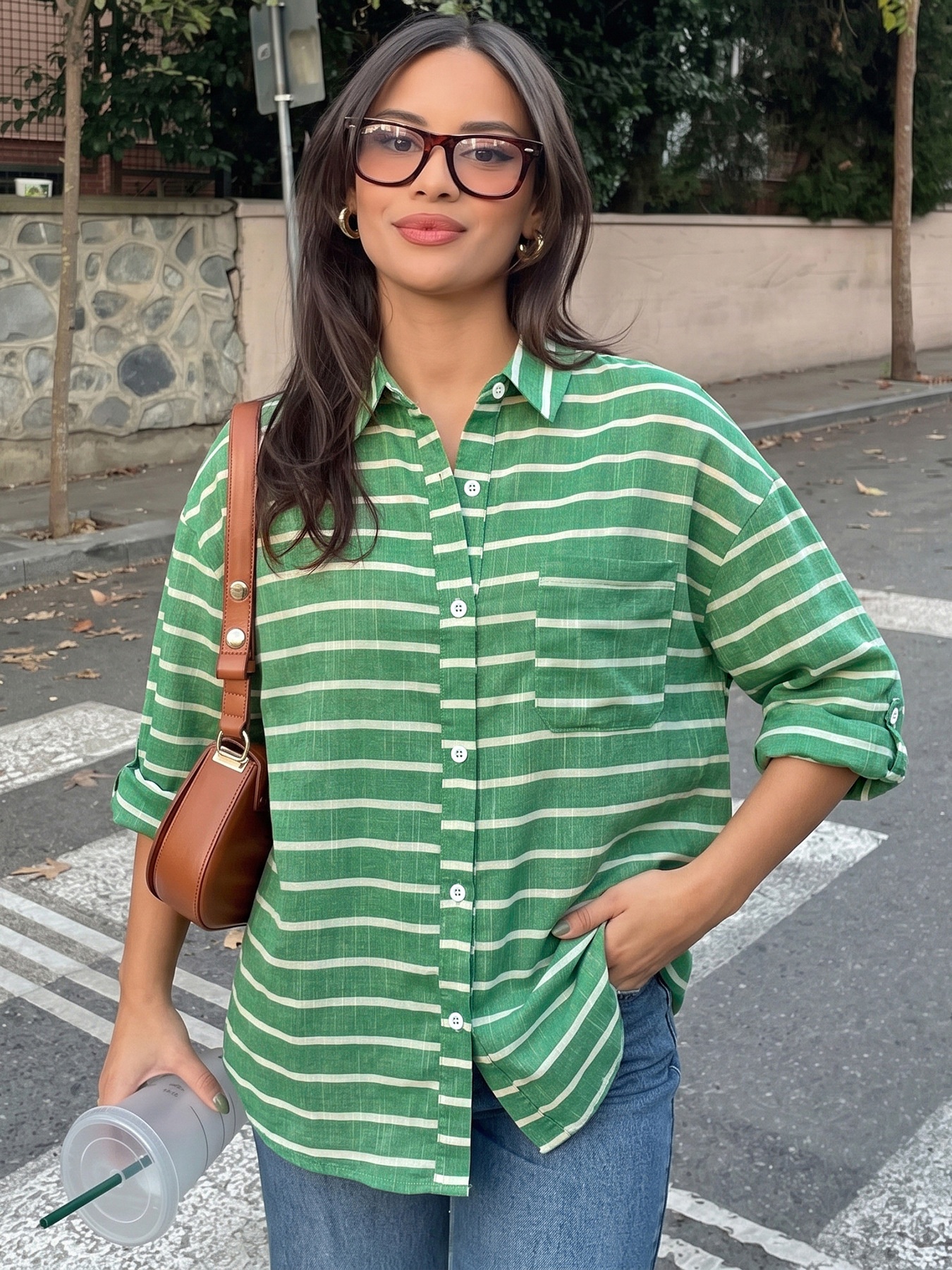 Women's Striped Button-Down Long Sleeve Shirt