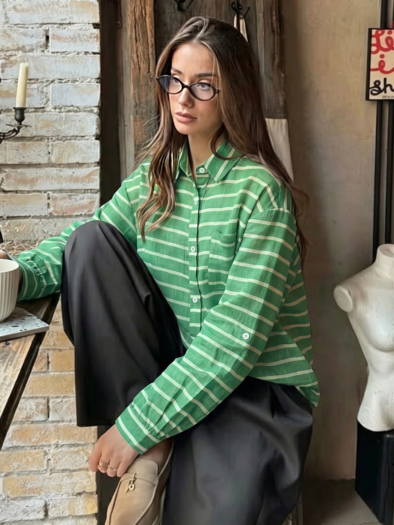Women's Striped Button-Down Long Sleeve Shirt