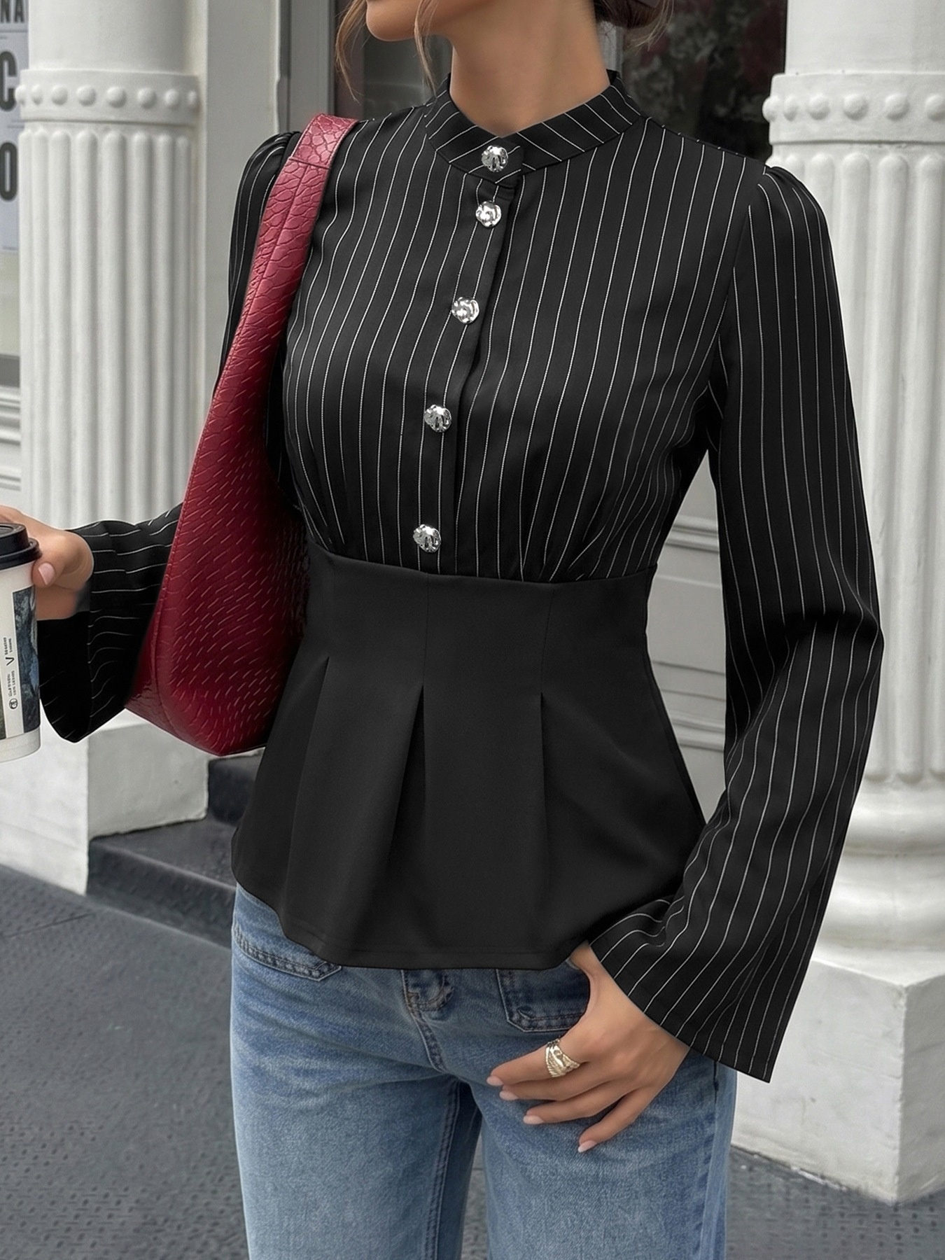 Black Pinstripe Buttoned Peplum Blouse