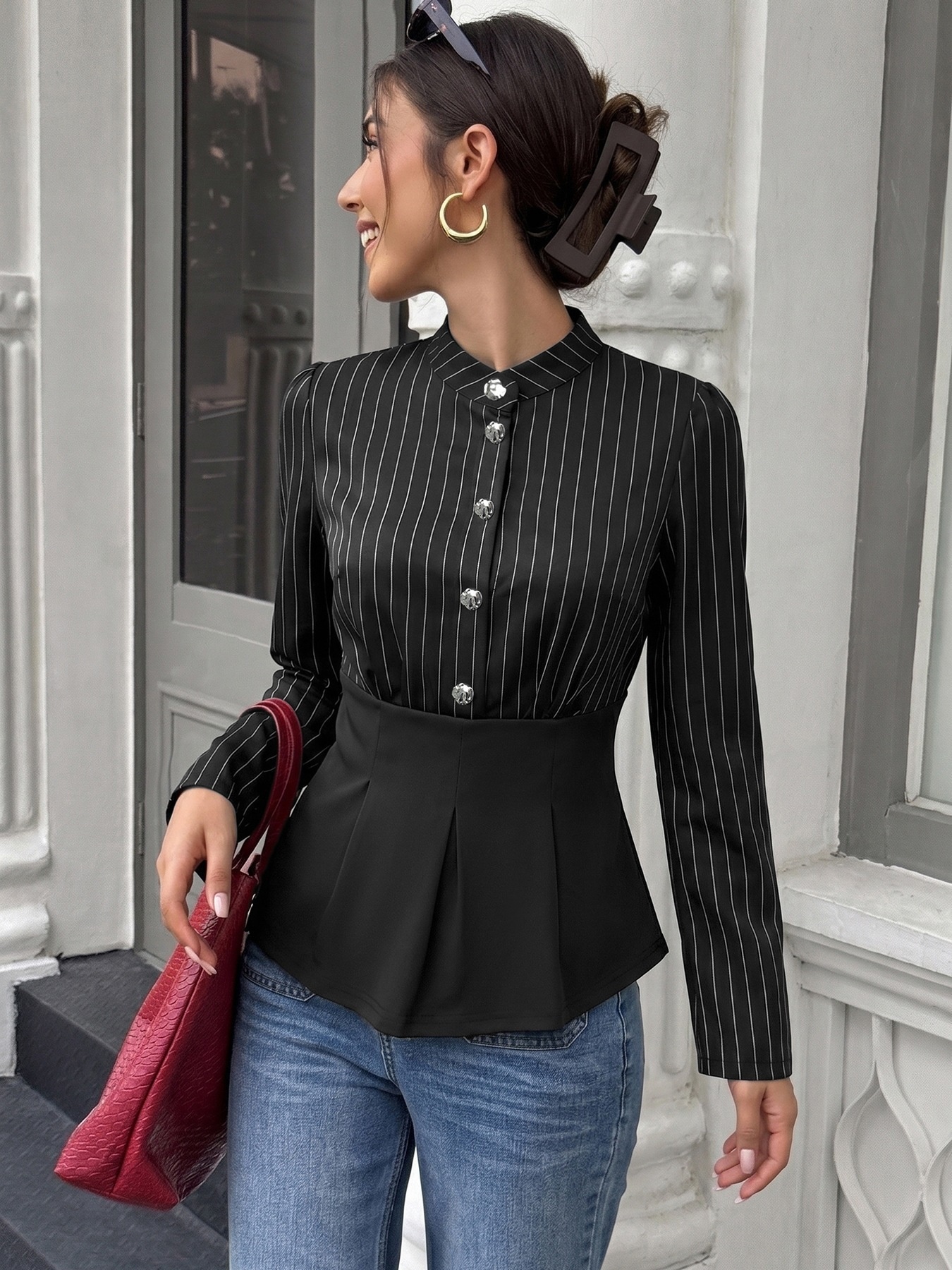 Black Pinstripe Buttoned Peplum Blouse