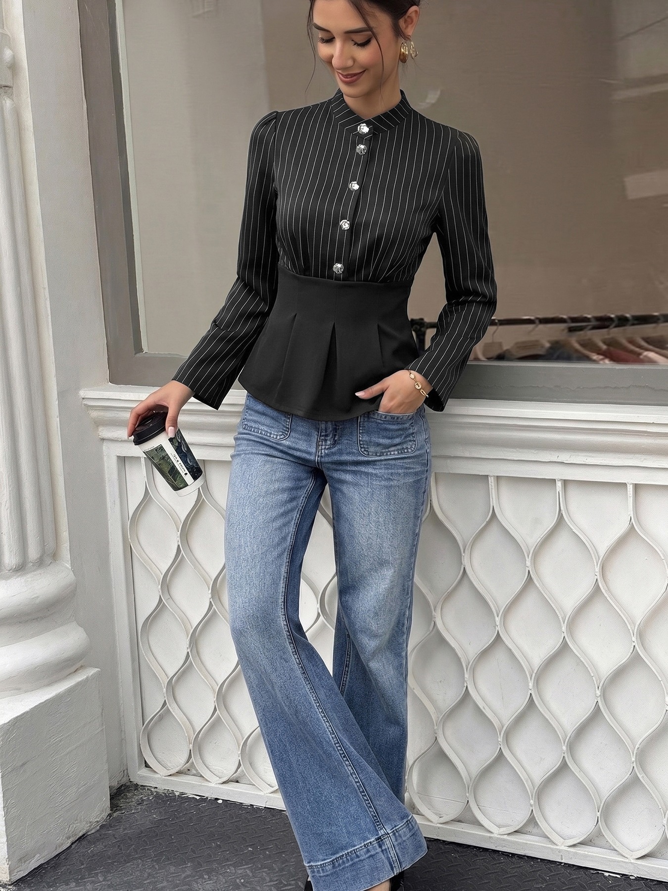 Black Pinstripe Buttoned Peplum Blouse
