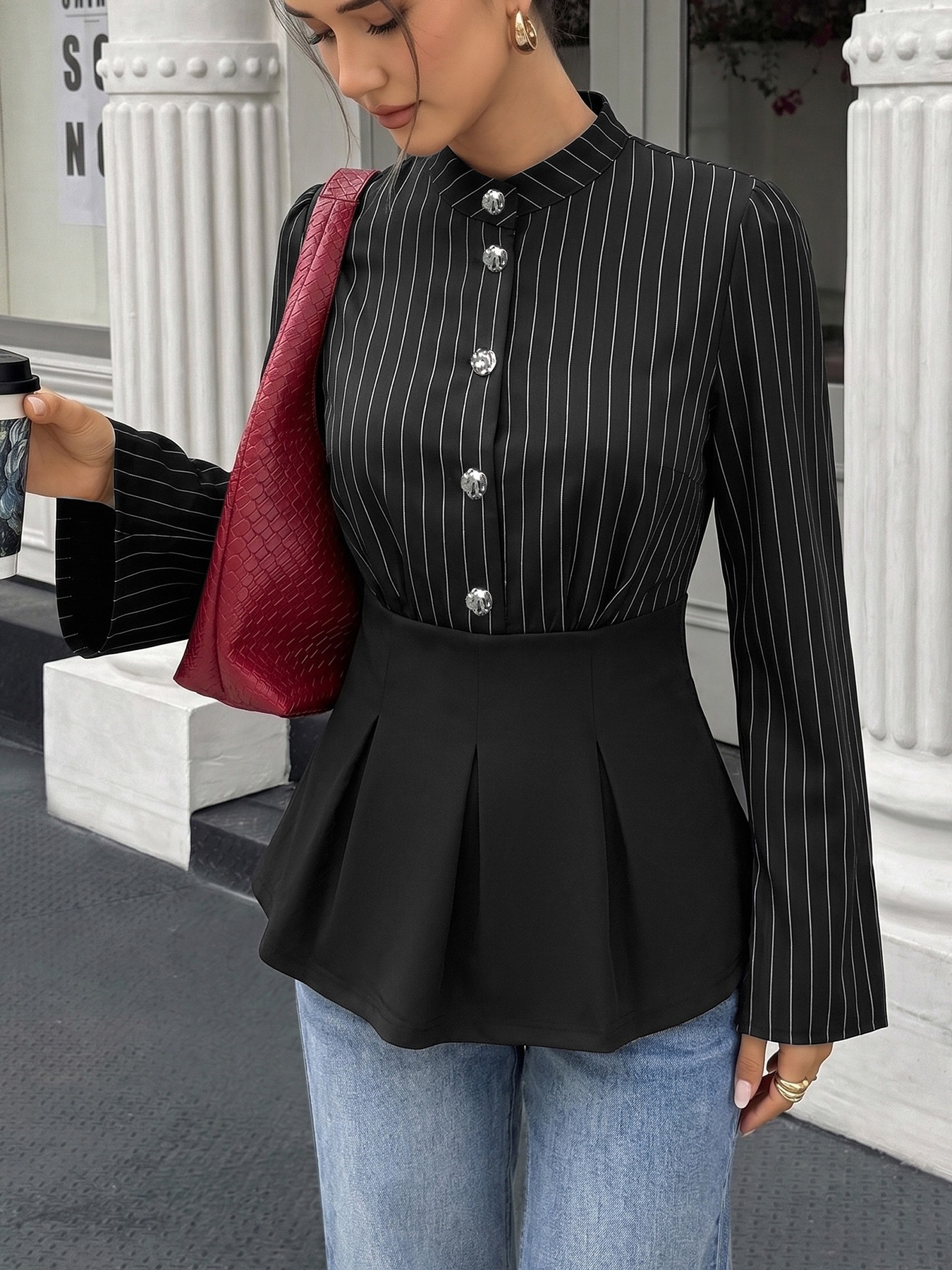 Black Pinstripe Buttoned Peplum Blouse