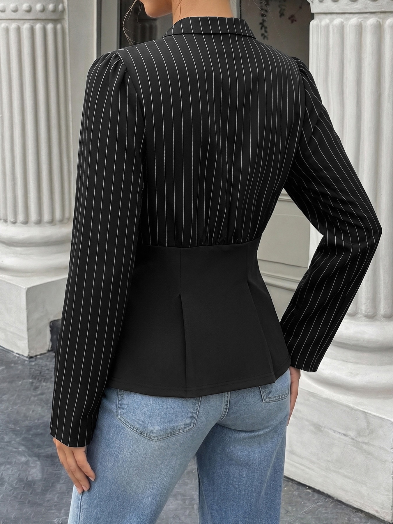 Black Pinstripe Buttoned Peplum Blouse