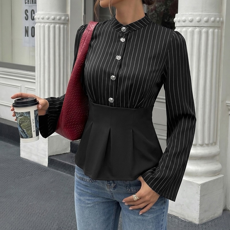 Black Pinstripe Buttoned Peplum Blouse