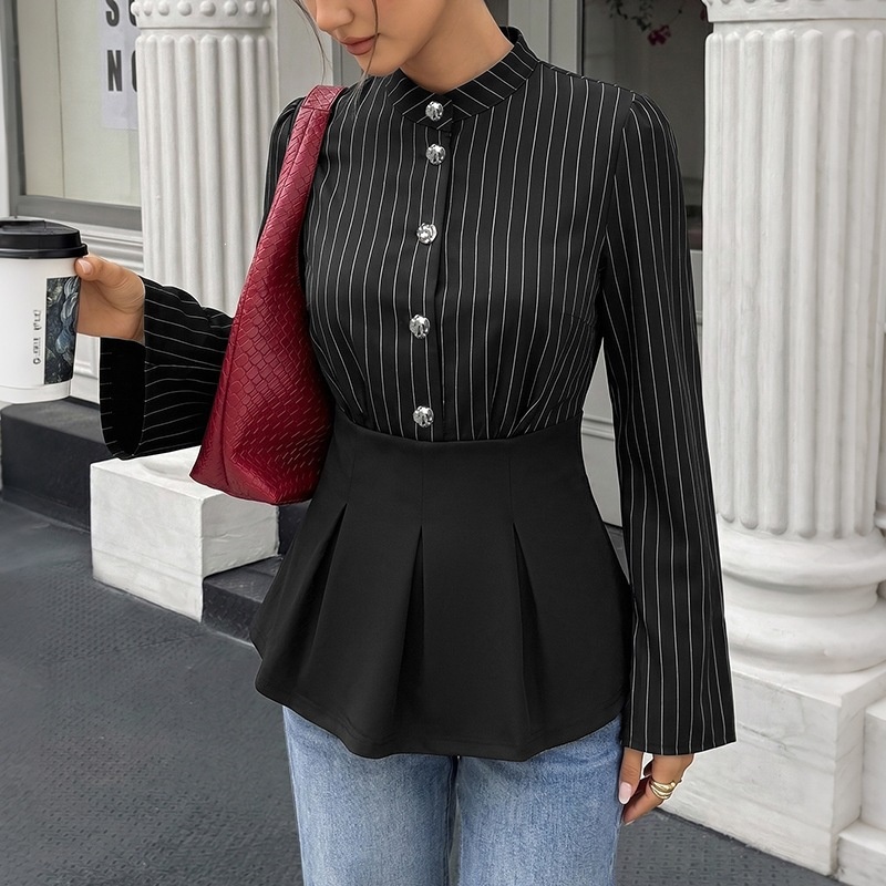 Black Pinstripe Buttoned Peplum Blouse