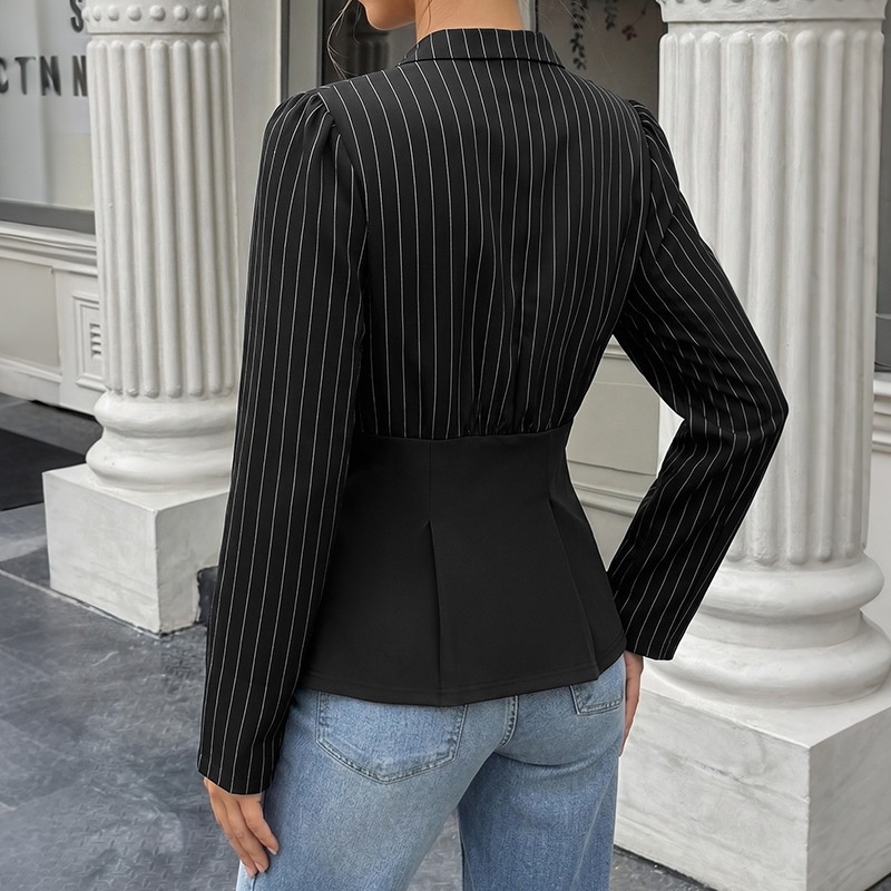 Black Pinstripe Buttoned Peplum Blouse