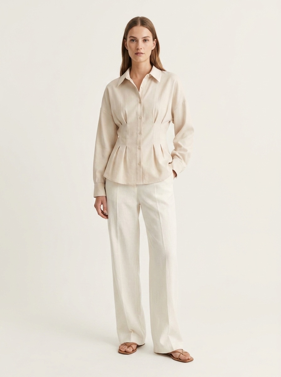 Women's Pleated Waist Long Sleeve Button-Down Blouse