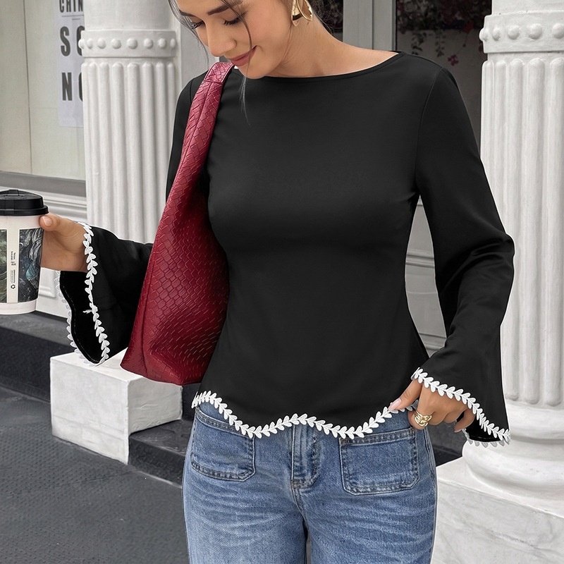 Women's Black Bell Sleeve Lace Trim Tie Back Blouse