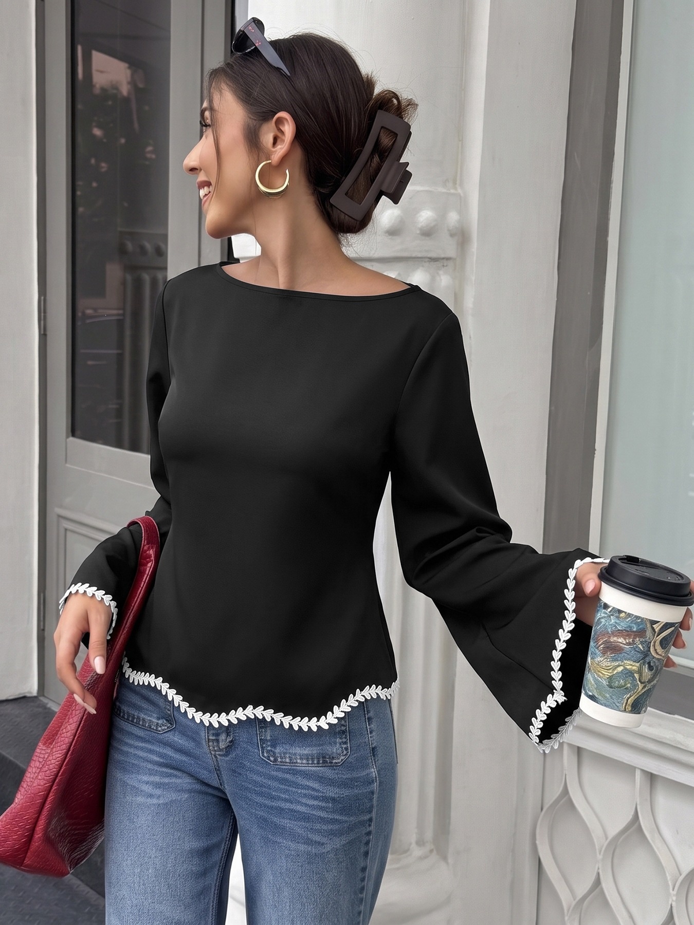 Women's Black Bell Sleeve Lace Trim Tie Back Blouse