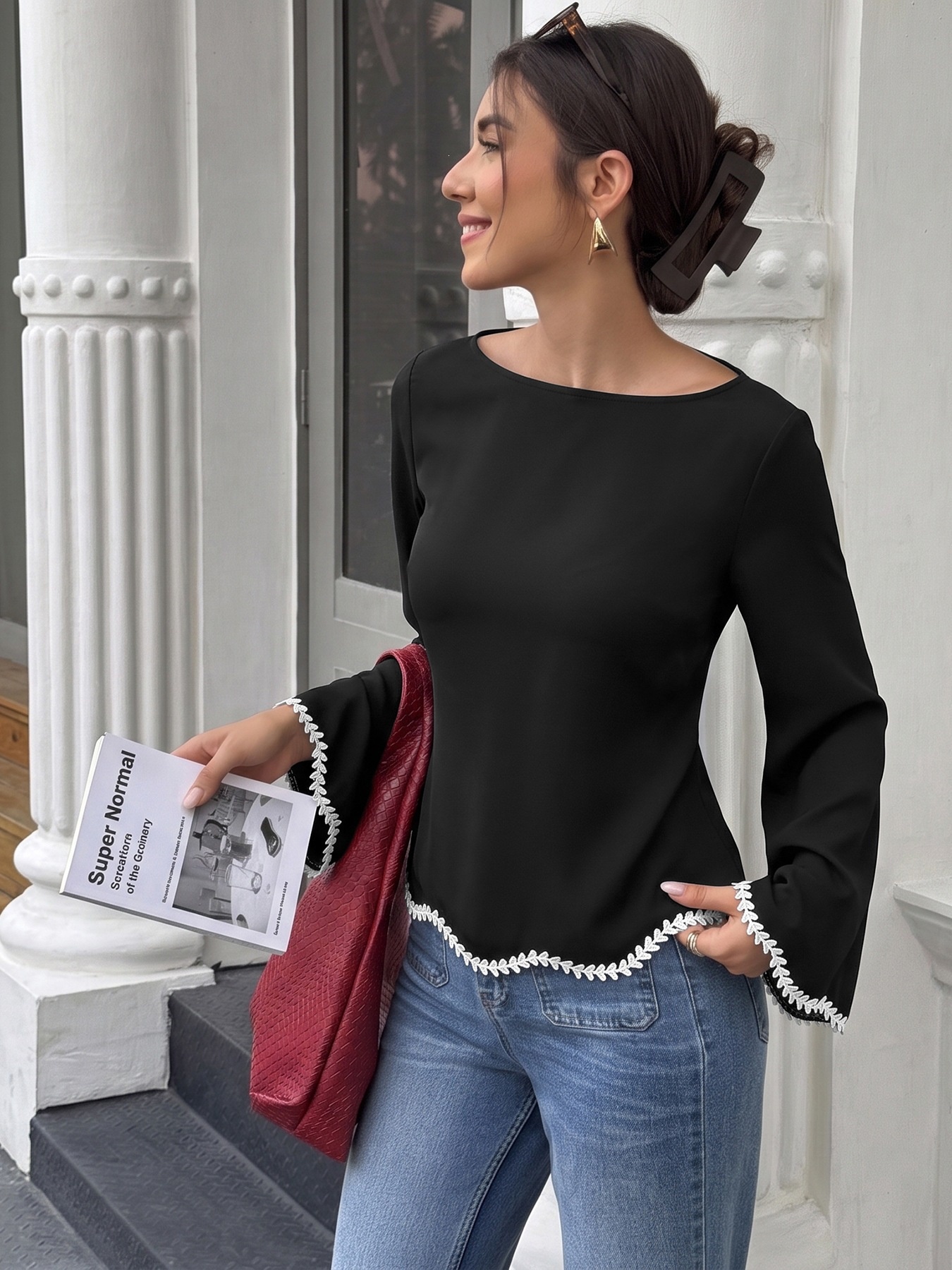 Women's Black Bell Sleeve Lace Trim Tie Back Blouse