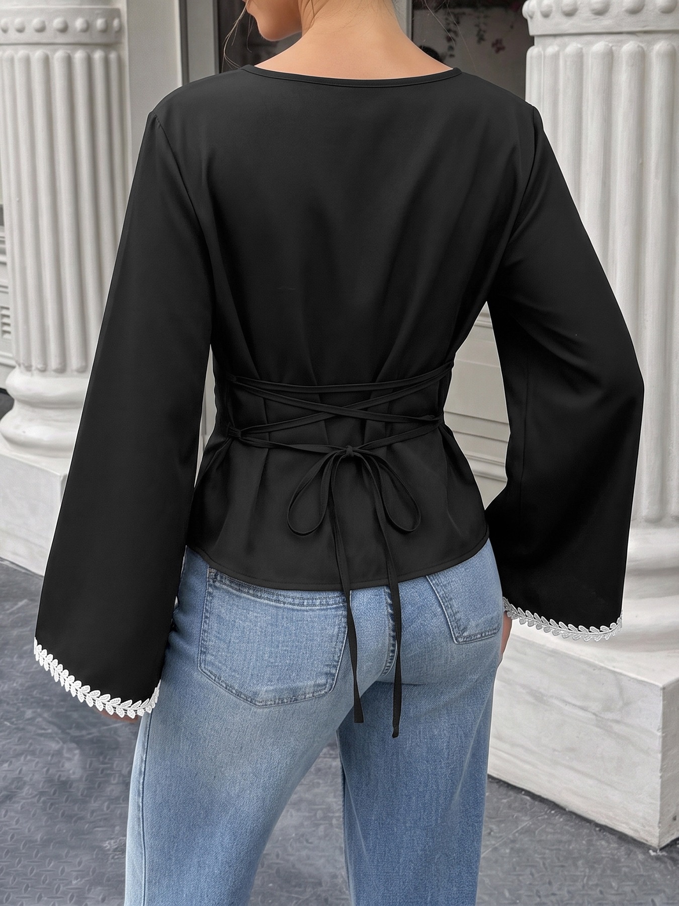 Women's Black Bell Sleeve Lace Trim Tie Back Blouse