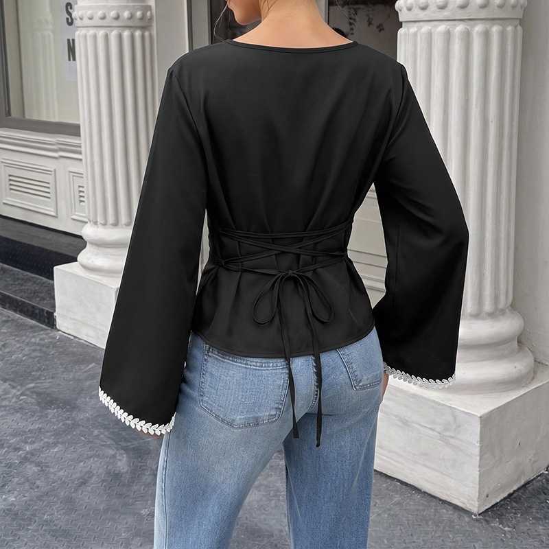 Women's Black Bell Sleeve Lace Trim Tie Back Blouse
