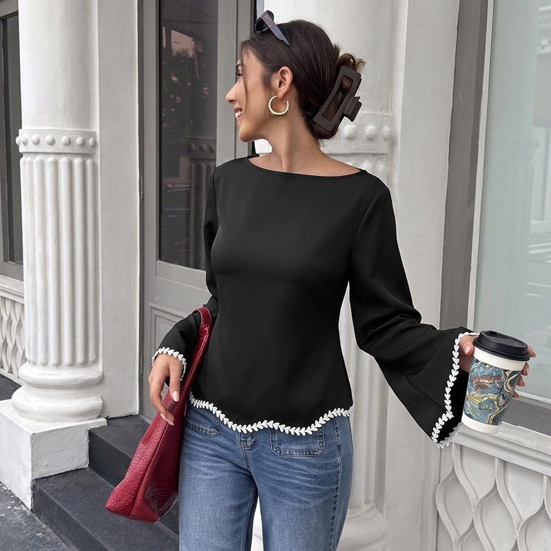 Women's Black Bell Sleeve Lace Trim Tie Back Blouse