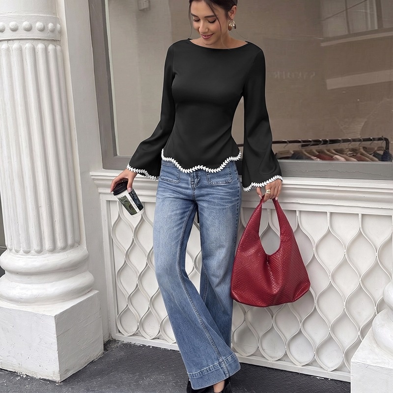 Women's Black Bell Sleeve Lace Trim Tie Back Blouse