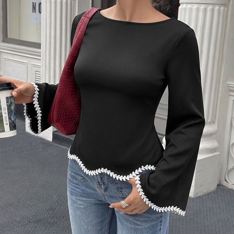 Women's Black Bell Sleeve Lace Trim Tie Back Blouse