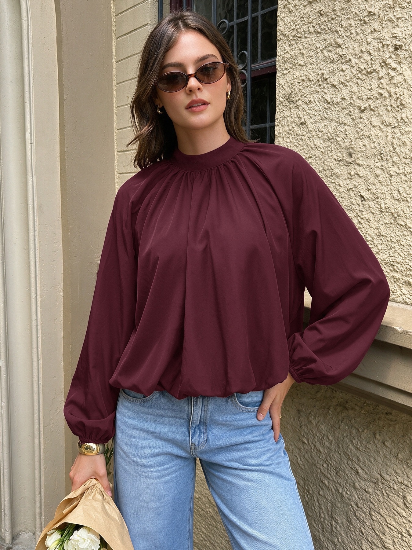 Women's High Neck Tie-Back Lantern Sleeve Blouse
