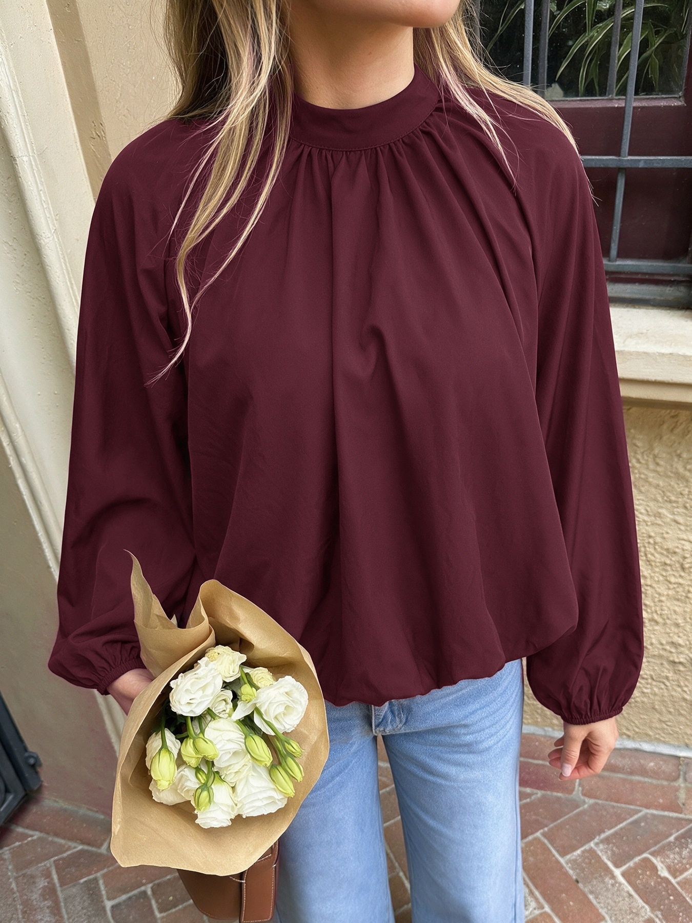 Women's High Neck Tie-Back Lantern Sleeve Blouse