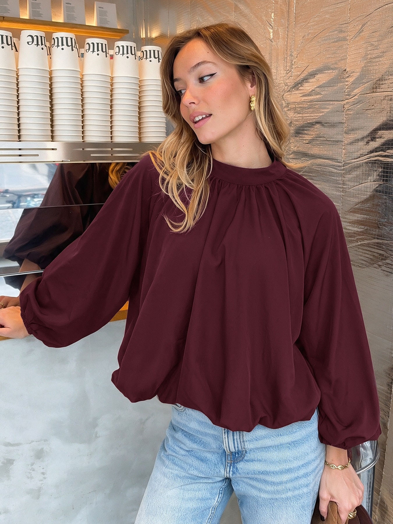 Women's High Neck Tie-Back Lantern Sleeve Blouse