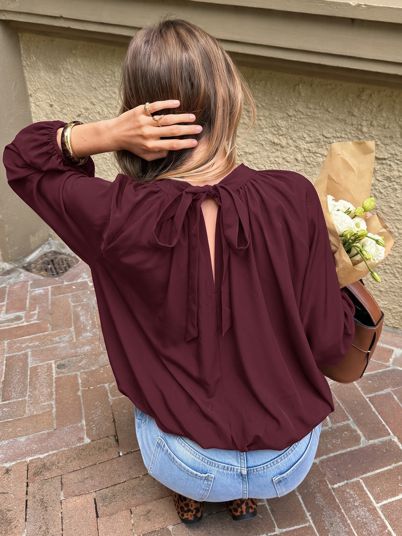 Women's High Neck Tie-Back Lantern Sleeve Blouse