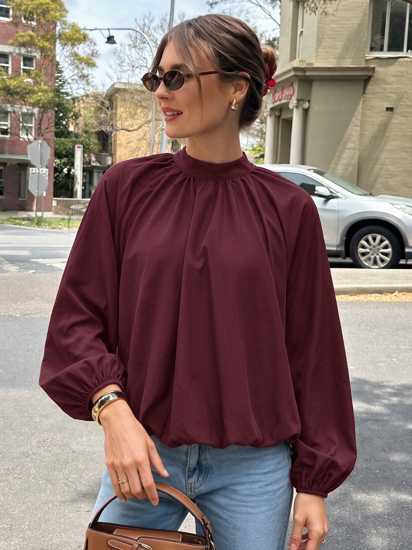 Women's High Neck Tie-Back Lantern Sleeve Blouse