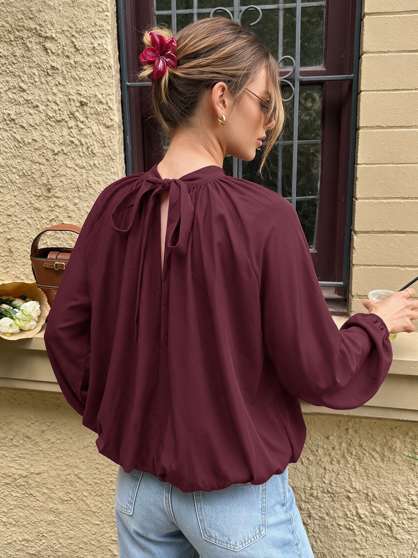 Women's High Neck Tie-Back Lantern Sleeve Blouse