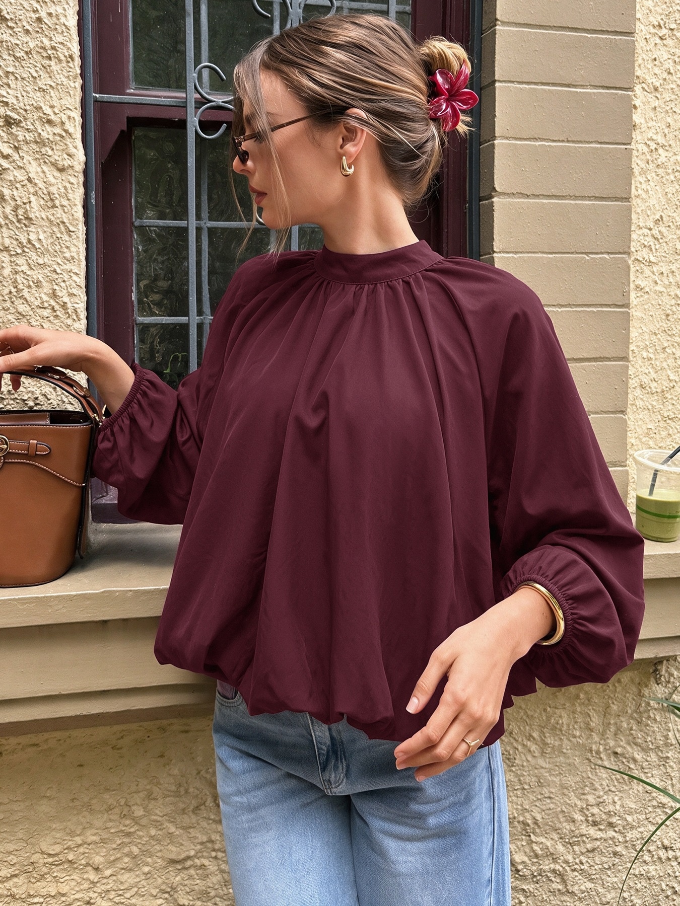 Women's High Neck Tie-Back Lantern Sleeve Blouse
